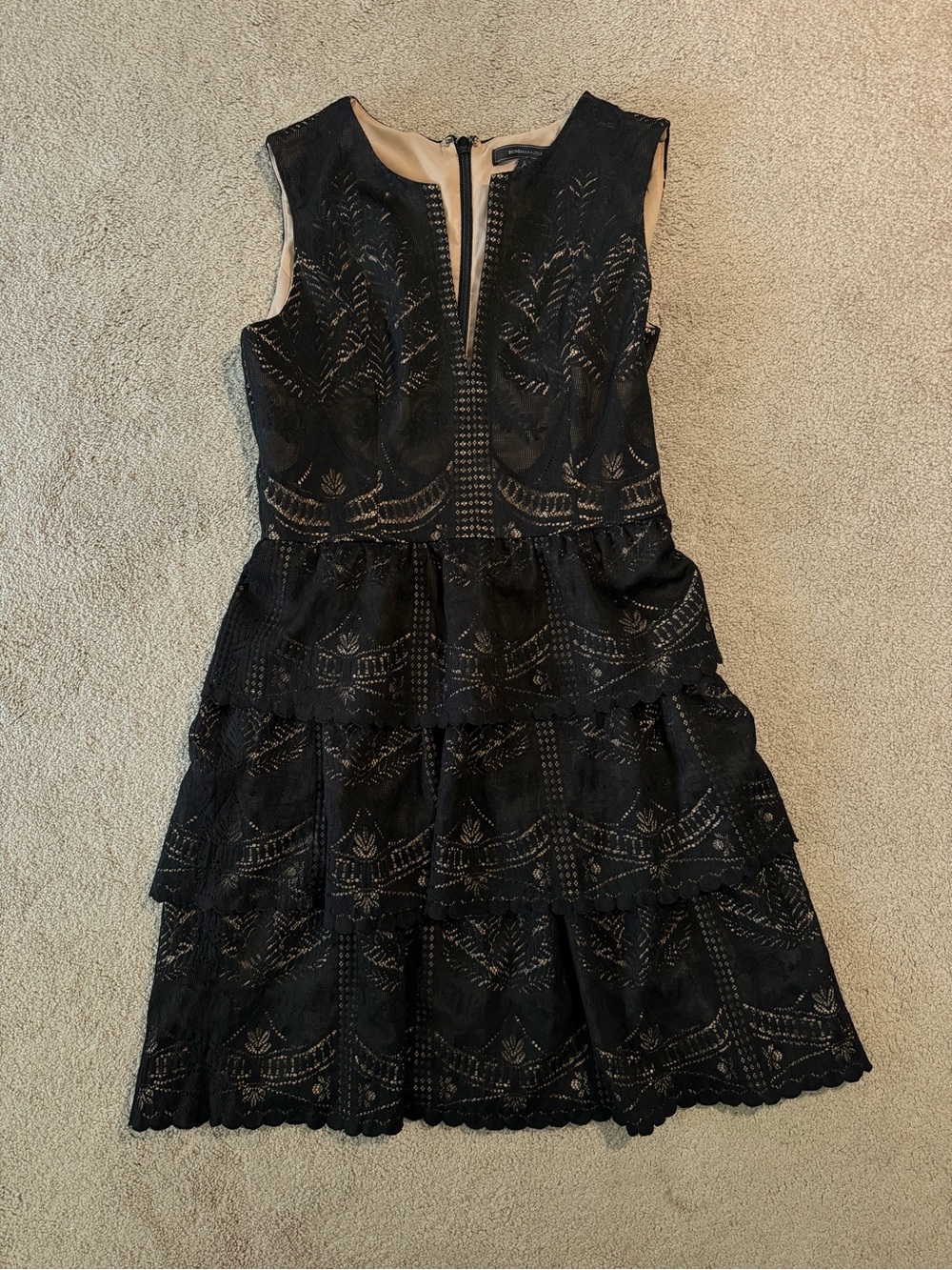 BCBG MAXAZRIA Black Scarlett Tiered Eyelet Lace Sleeveless Mini Dress Size 10